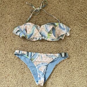 Mara Hoffman Women's Ruffle Bandeau Sm Bikini Top and M Bottom- Aloe Pink, new